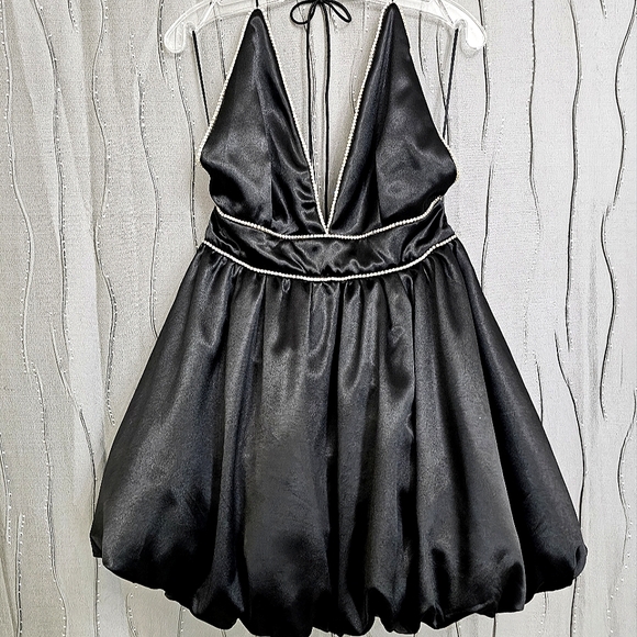 Nwot Lena Black Satin Halter Deep Plunge Rhinestone Trim Bubble Cocktail Dress - Picture 3 of 17